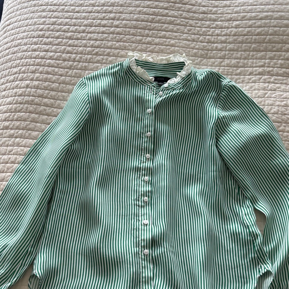J. Crew Green and White Striped Ruffle Blouse